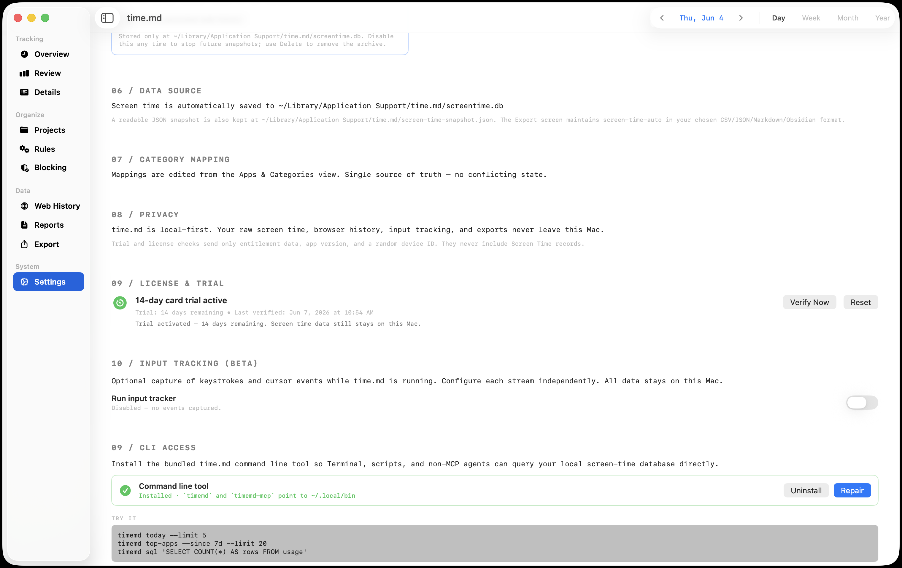 Time.md privacy settings showing local data controls